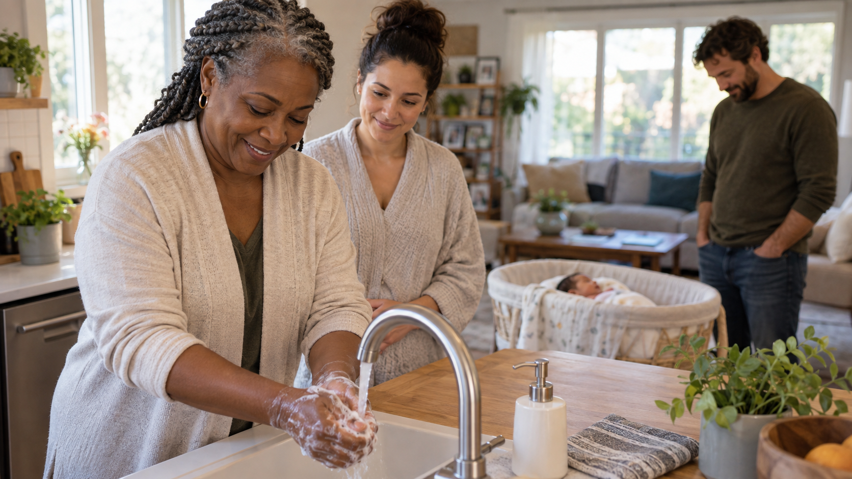 A visitor washes their hands while family members keep a respectful distance from a newborn at home.