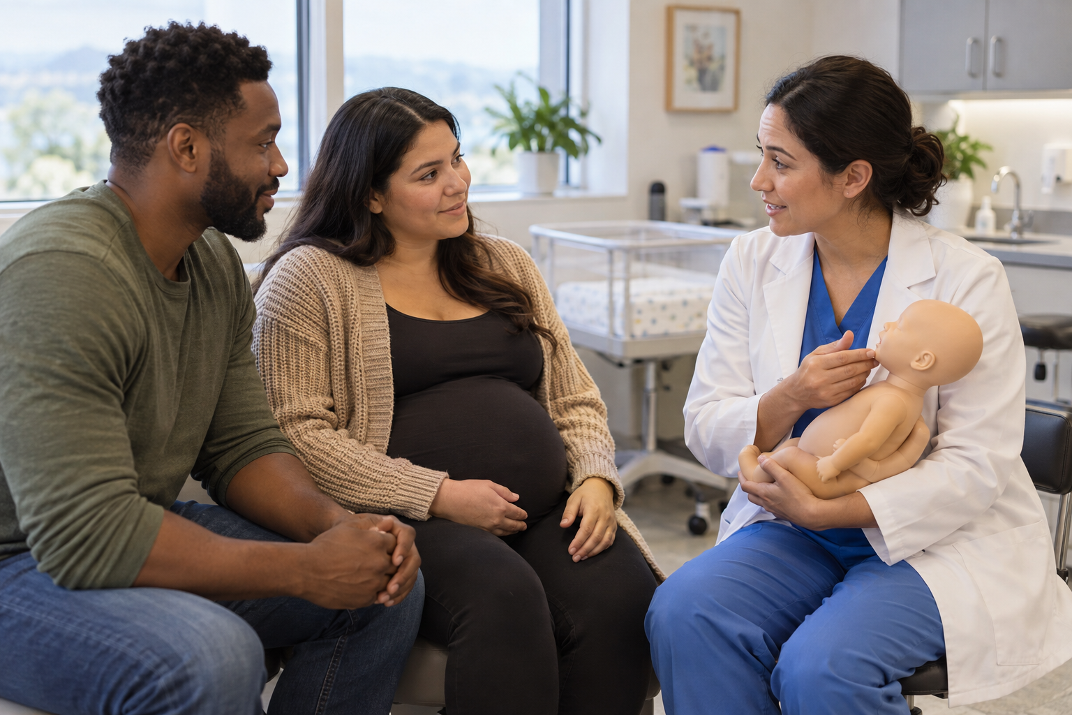 Expectant parents discuss newborn respiratory protection with a healthcare professional during a prenatal appointment.