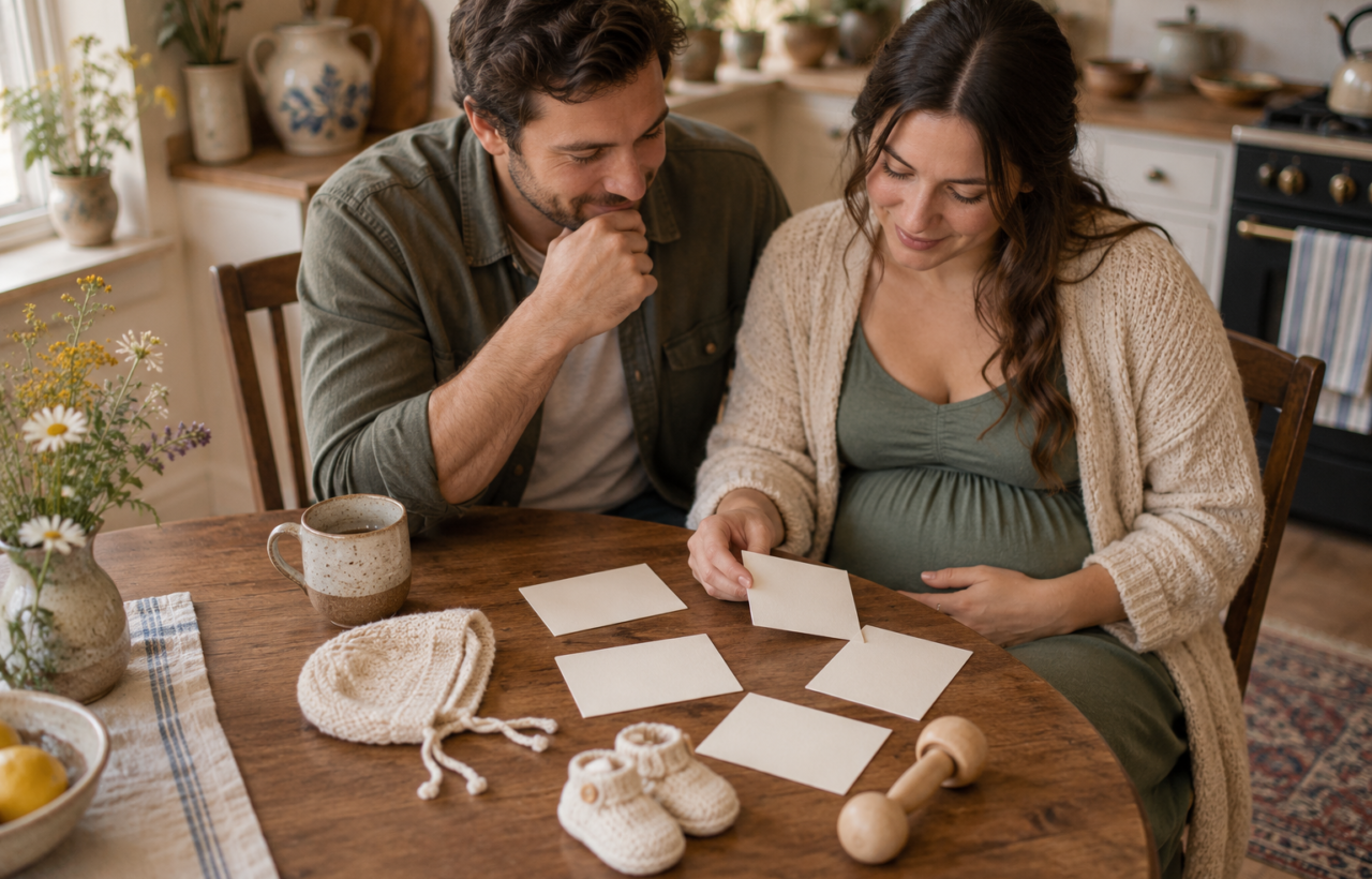 Two expectant parents arrange blank cards beside a baby bonnet, shoes, and wooden rattle at a kitchen table.