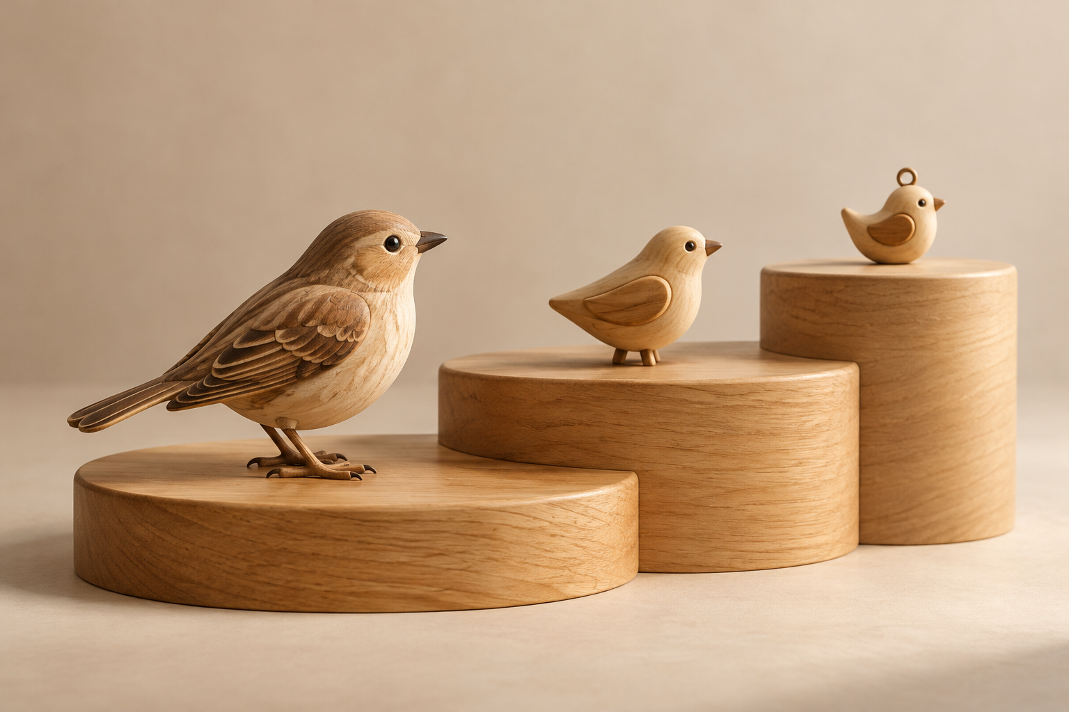Three ascending wooden platforms display related carved bird figures that become progressively smaller and simpler.