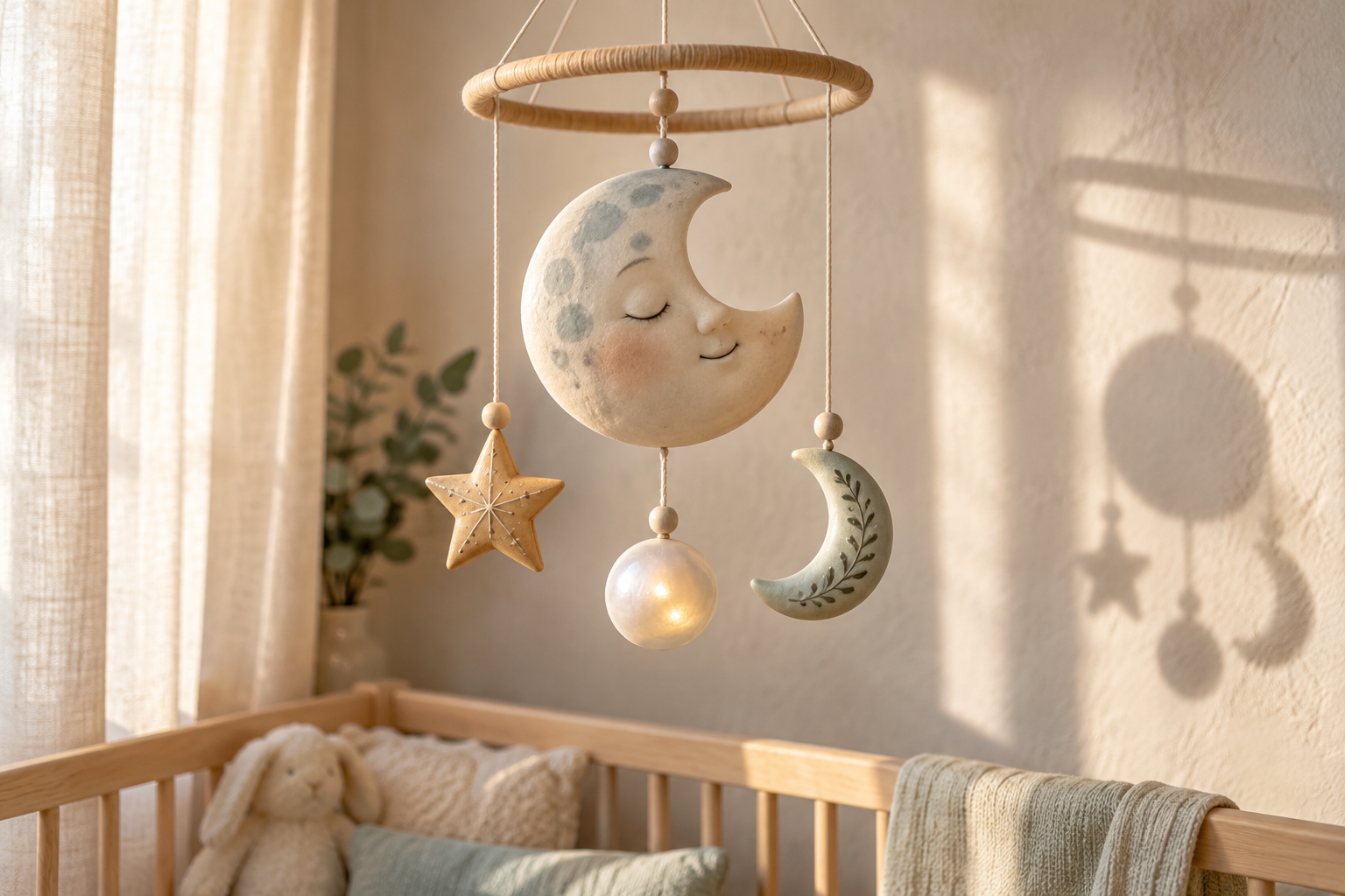 A nursery mobile with a large central moon and three smaller coordinated celestial charms hangs above a crib.