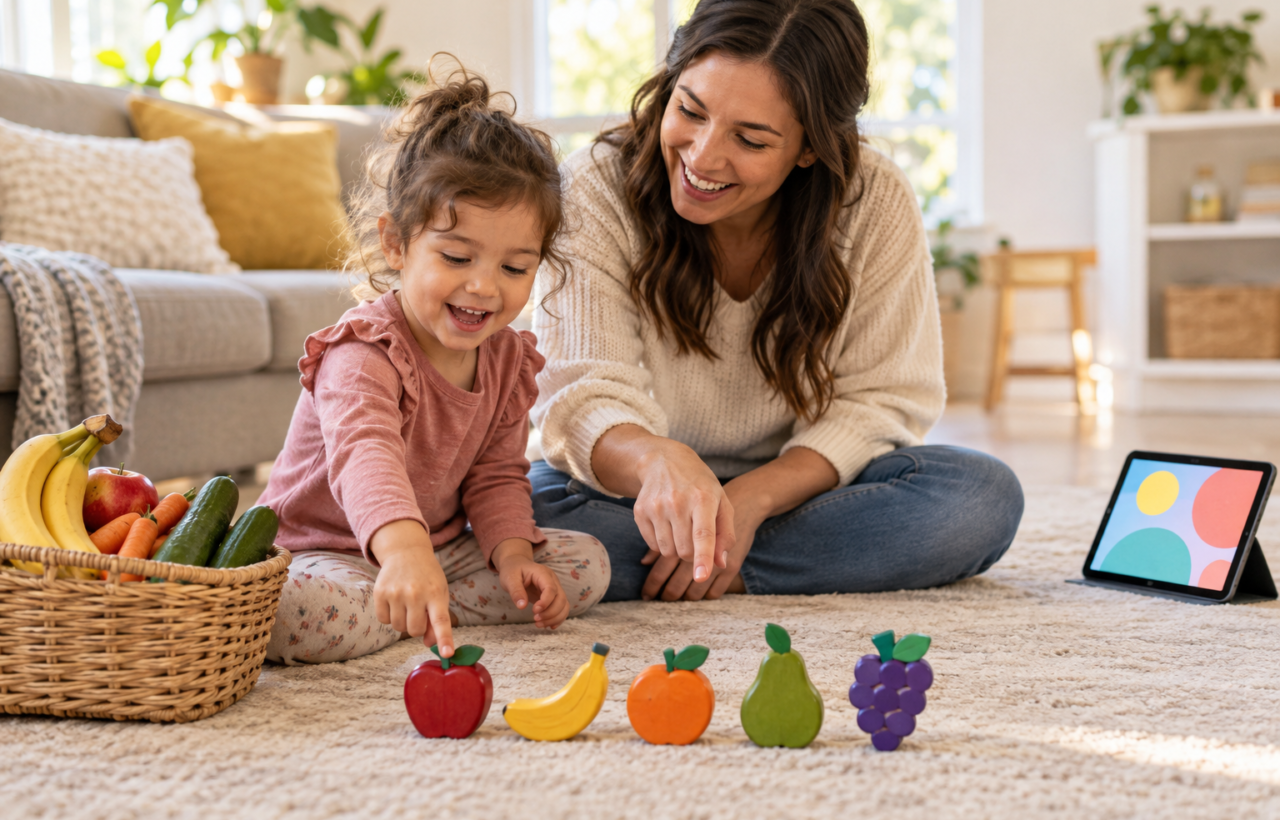 A parent and preschooler sing together while counting wooden fruit pieces beside a basket of fresh produce.