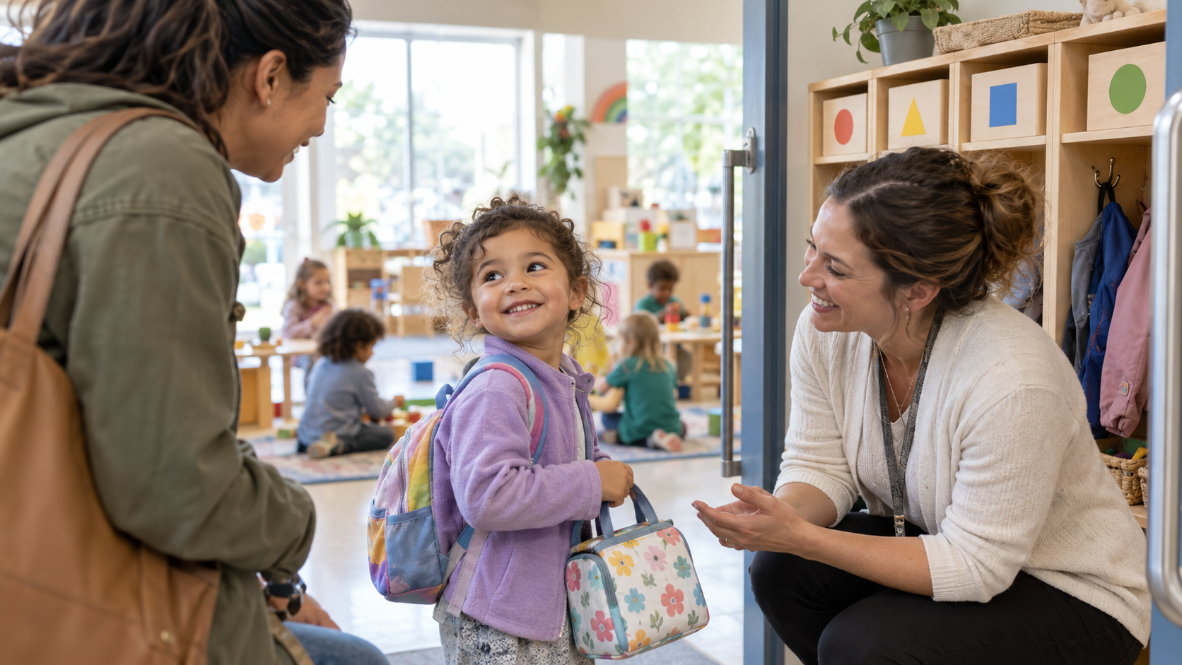 A child turns toward a smiling parent while a teacher welcomes them into a bright daycare room.