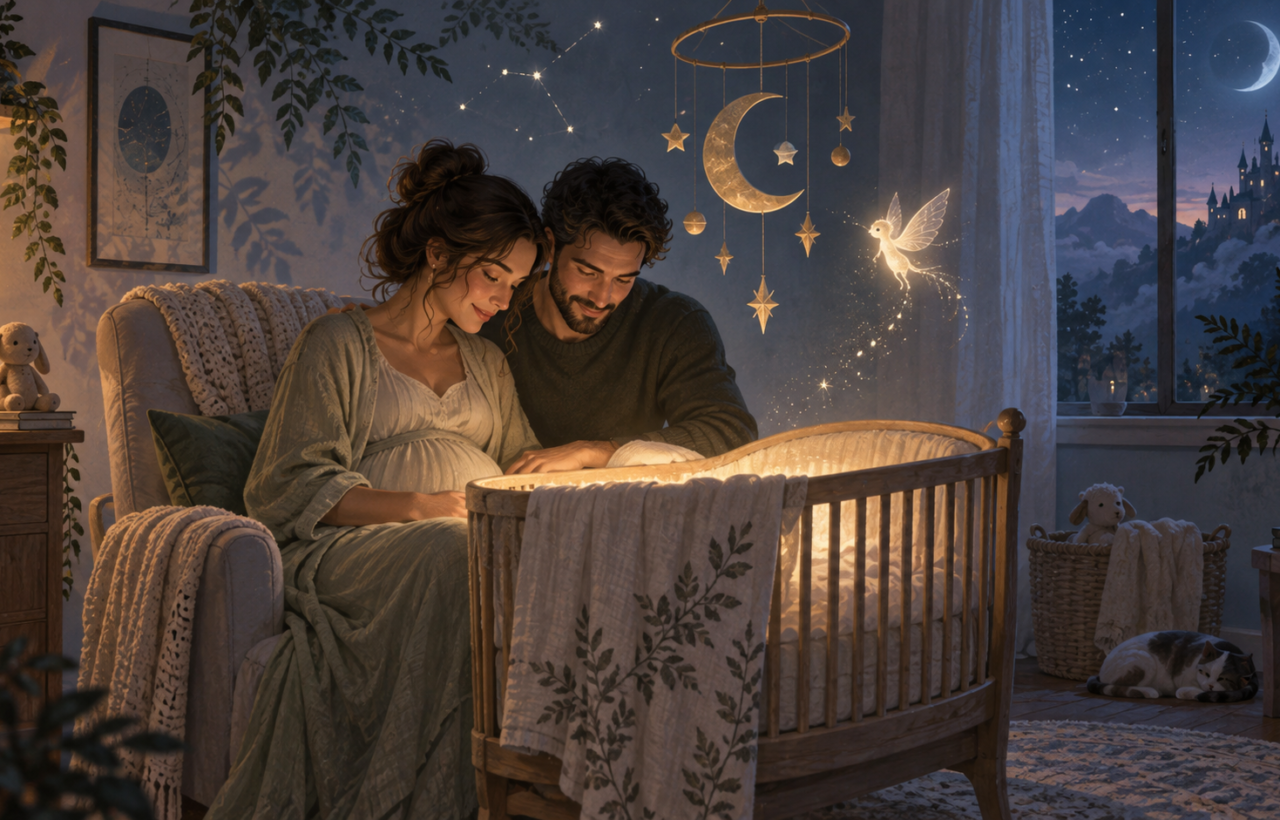 Two expectant parents sit in a softly lit nursery beside a cradle surrounded by subtle stars, clouds, and other fantasy motifs.