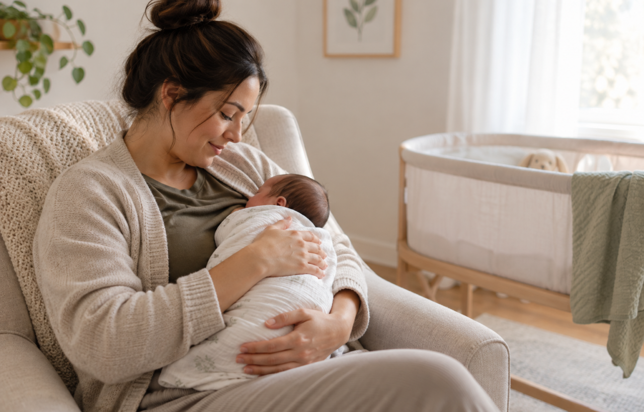 A parent supports a swaddled newborn while breastfeeding in a softly lit nursery.