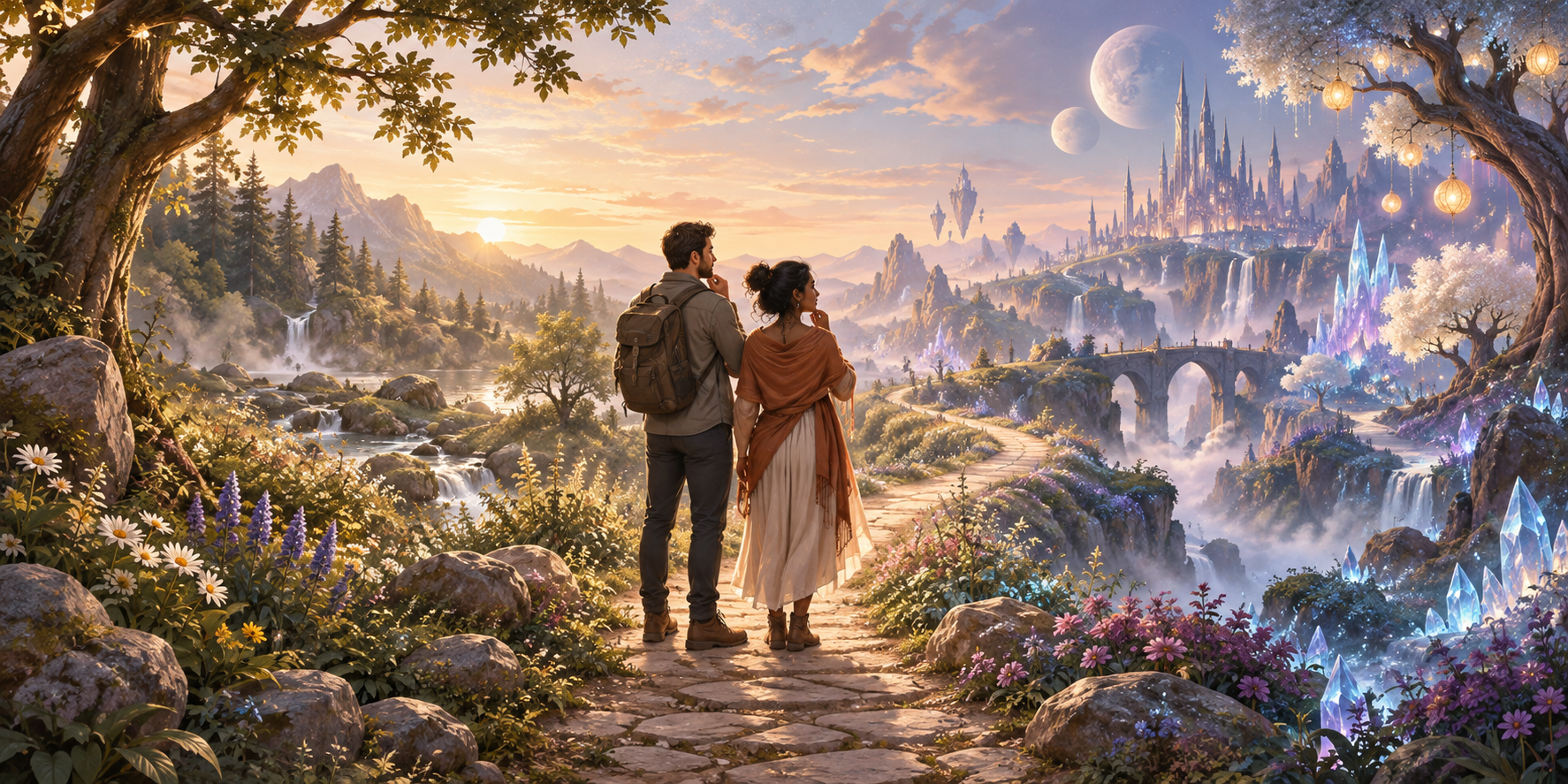Two parents stand on a path that changes from an ordinary woodland garden into a luminous fantasy landscape.