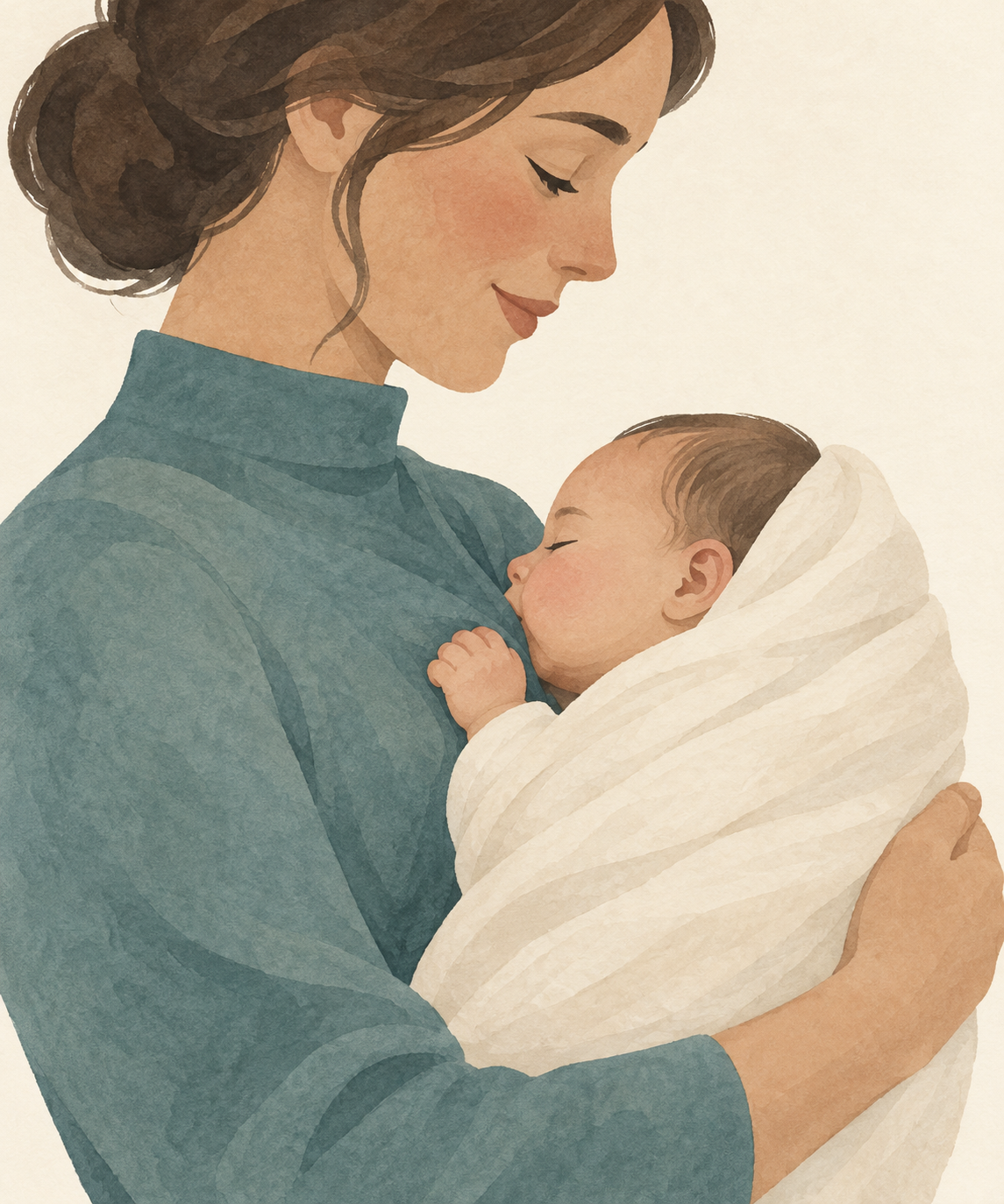 Side-view illustration of a newborn in a deep breastfeeding latch with a rounded cheek and chin against the breast.