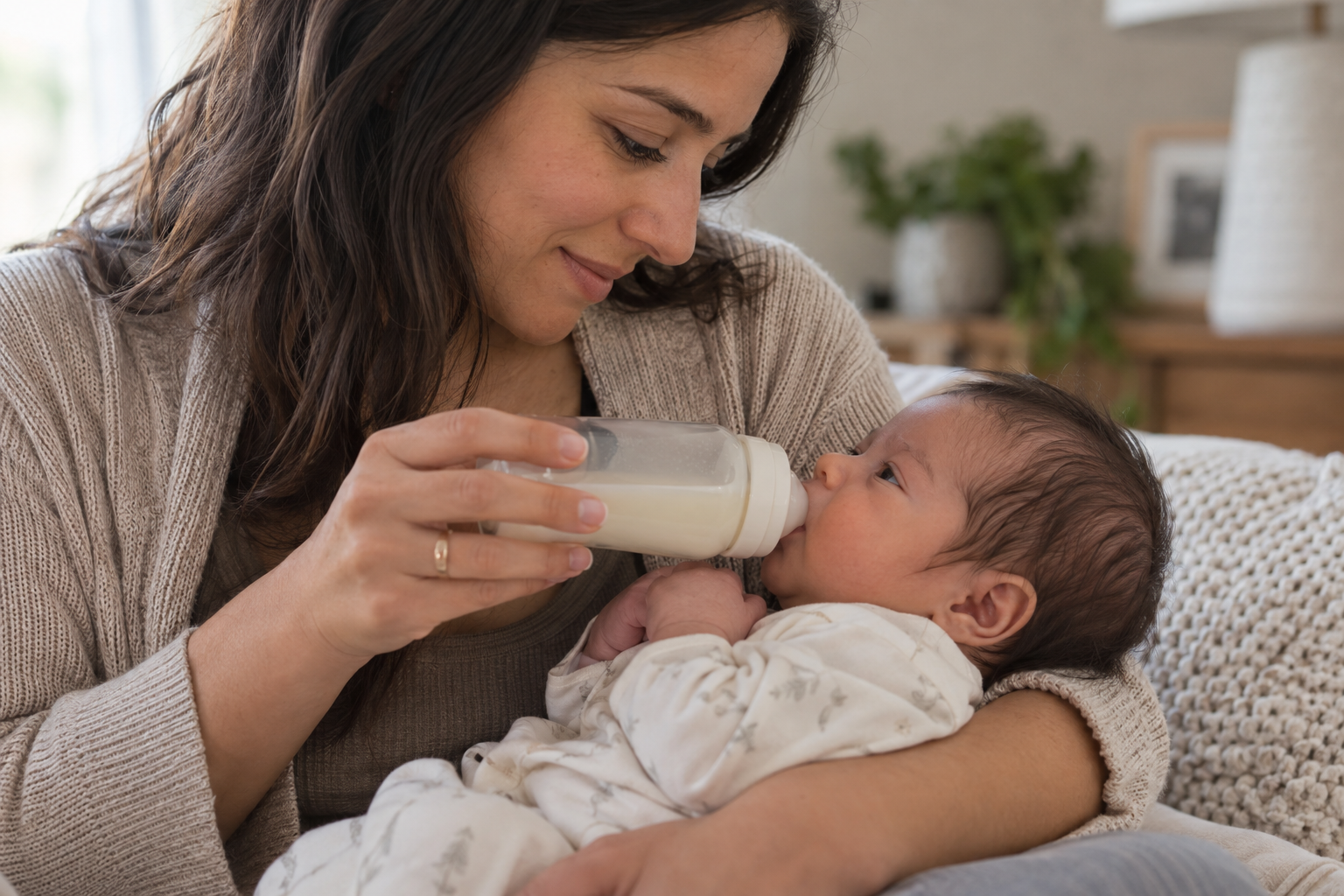 A caregiver holds a newborn semi-upright and offers a nearly horizontal bottle of expressed breast milk.