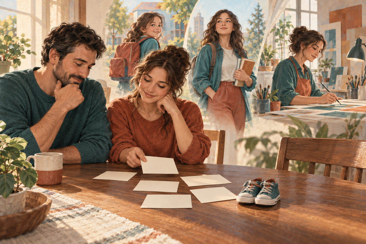 Parents arrange blank cards beside baby shoes while imagined scenes show their child at school, as a young adult, and at work.