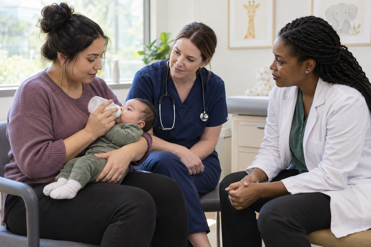 A pediatric clinician and lactation professional assess a newborn held by a parent in a clinic.