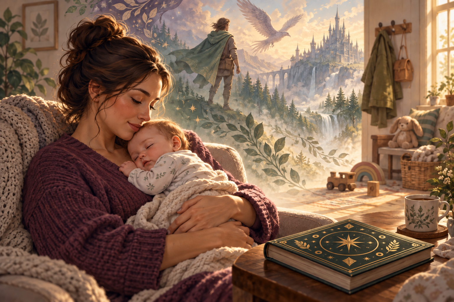 A parent holds a sleeping baby as fantasy figures fade from a closed storybook into the details of an everyday home.