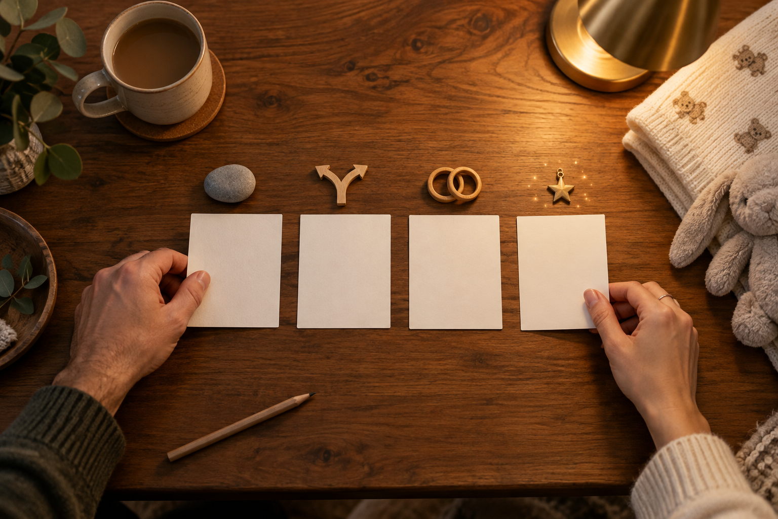 Two people sort blank cards beside baby items and small symbolic objects on a warmly lit wooden table.