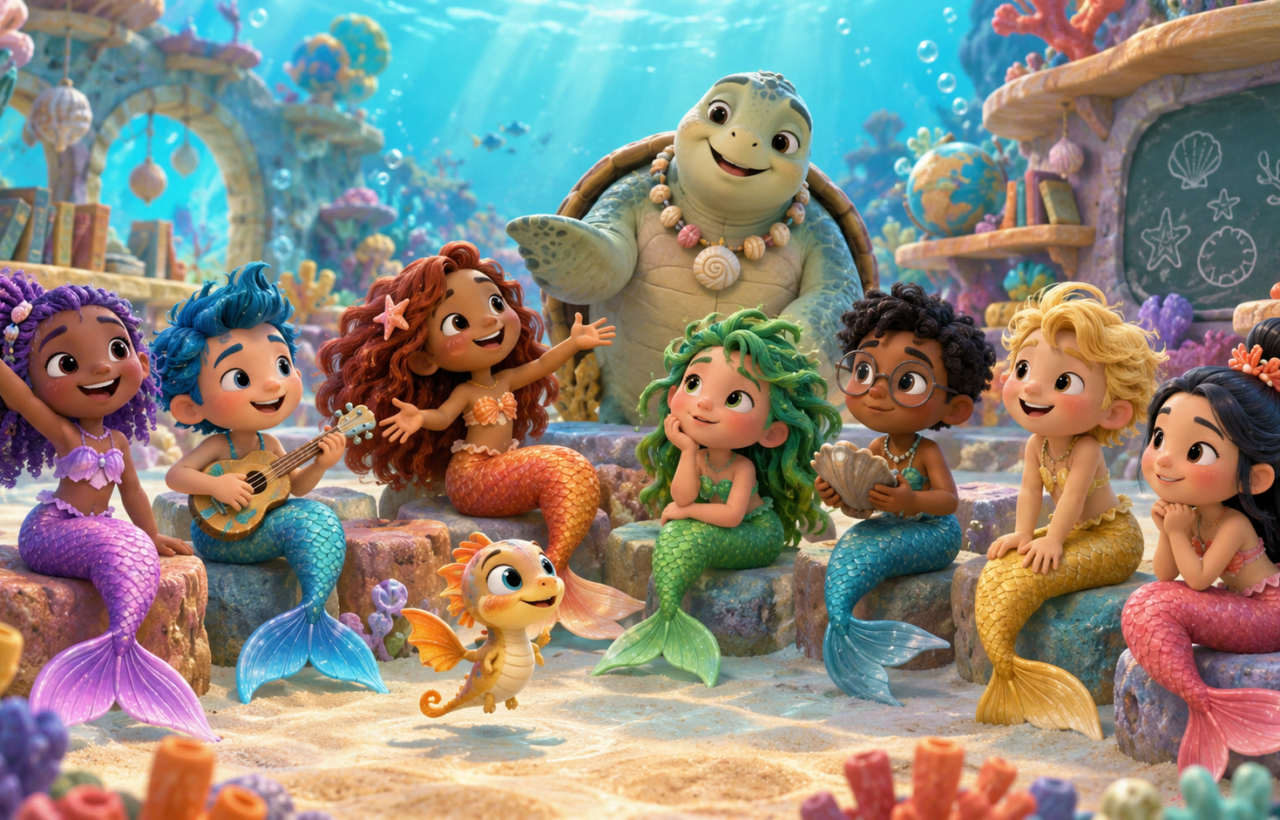 Seven colorful mer-child characters pose together in a coral-reef classroom with a friendly sea-creature teacher and a small aquatic pet.