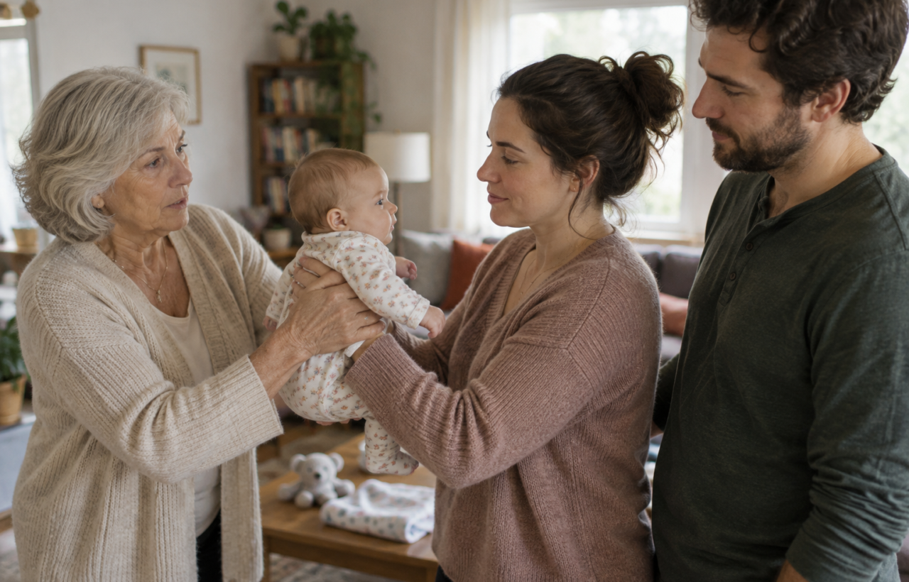 A parent takes their baby back while a grandparent and co-parent stand nearby in a softly lit living room.