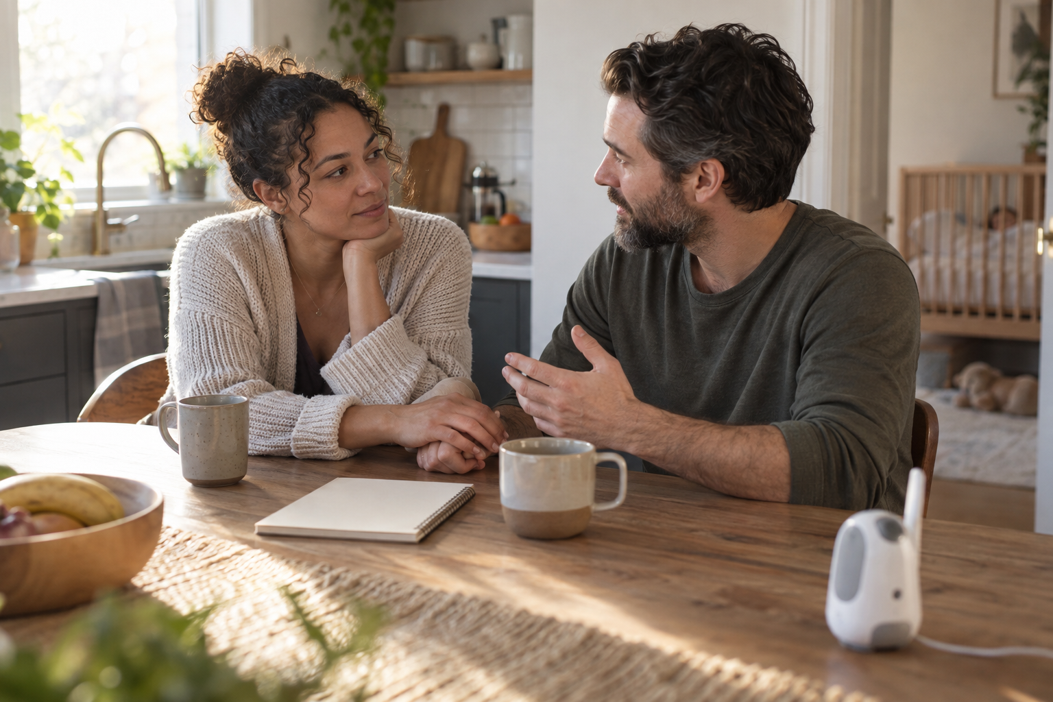 Two co-parents talk privately at a kitchen table beside a baby monitor and a closed notebook.