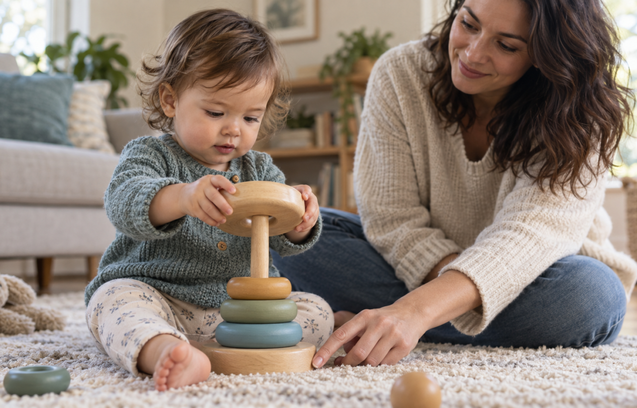A caregiver lightly steadies a stacking toy while a toddler independently places a wooden ring on the post.