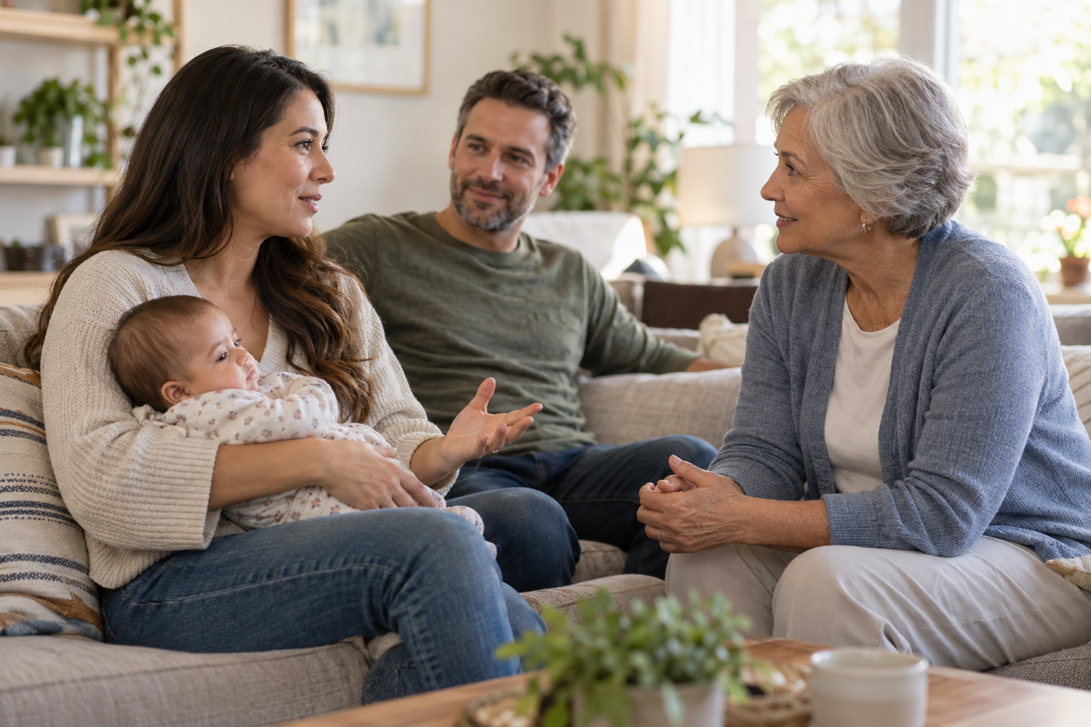 A parent holding a baby speaks calmly with a seated grandparent during a home visit.