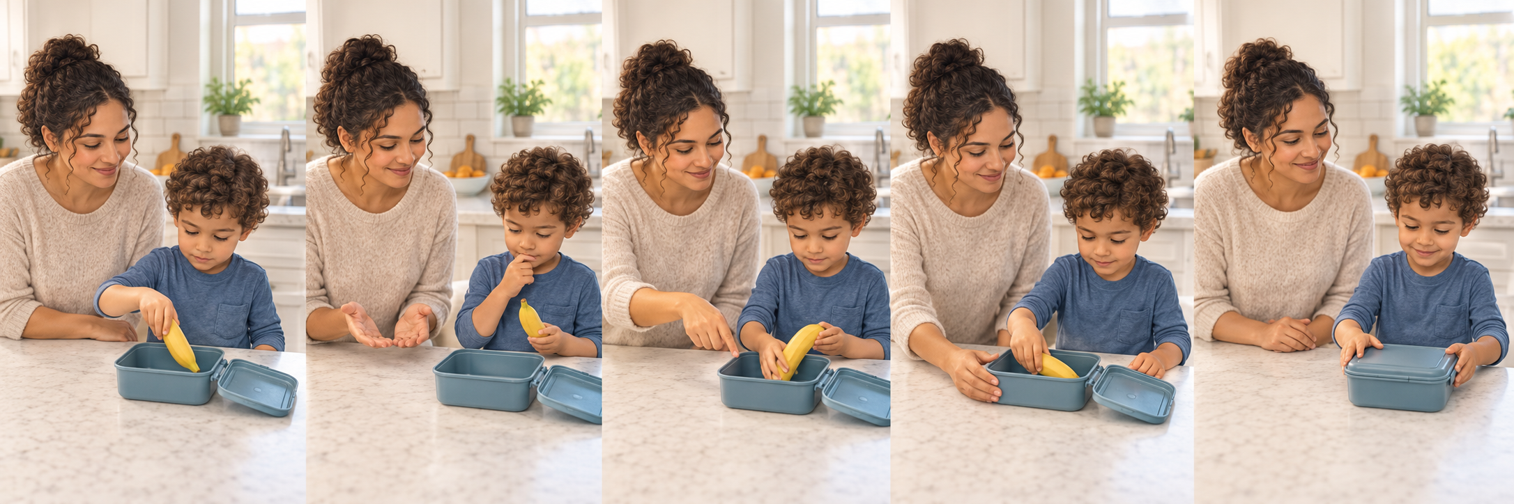 Five scenes show a caregiver observing, waiting, pointing, steadying a container, and then withdrawing help as a child packs a banana independently.