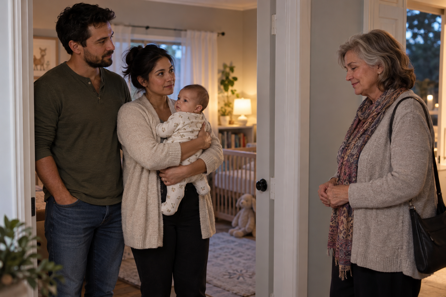 A parent holds the baby near a nursery doorway as a grandparent steps back and the co-parent stands alongside them.