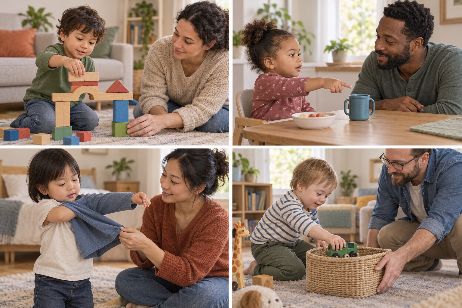 Four home scenes show children leading tasks while caregivers give limited help with block play, communication, dressing, and toy cleanup.