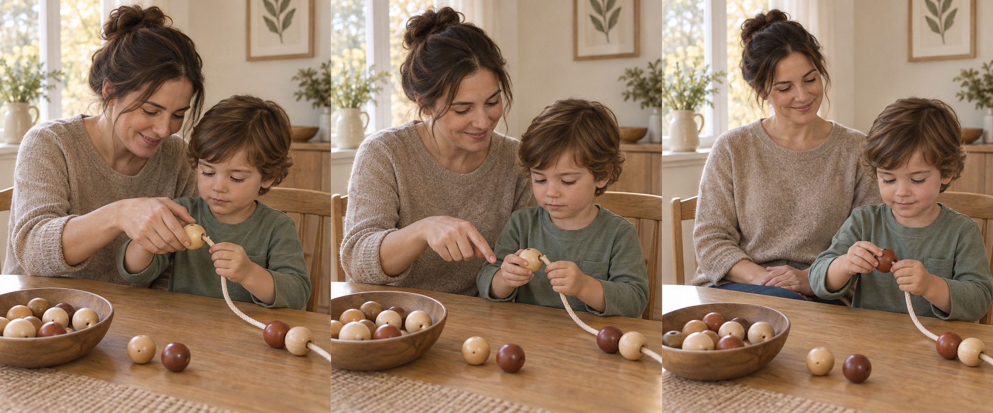 Three scenes show a caregiver moving from gentle physical guidance to a pointing cue and then no hands-on help while a child threads large beads.