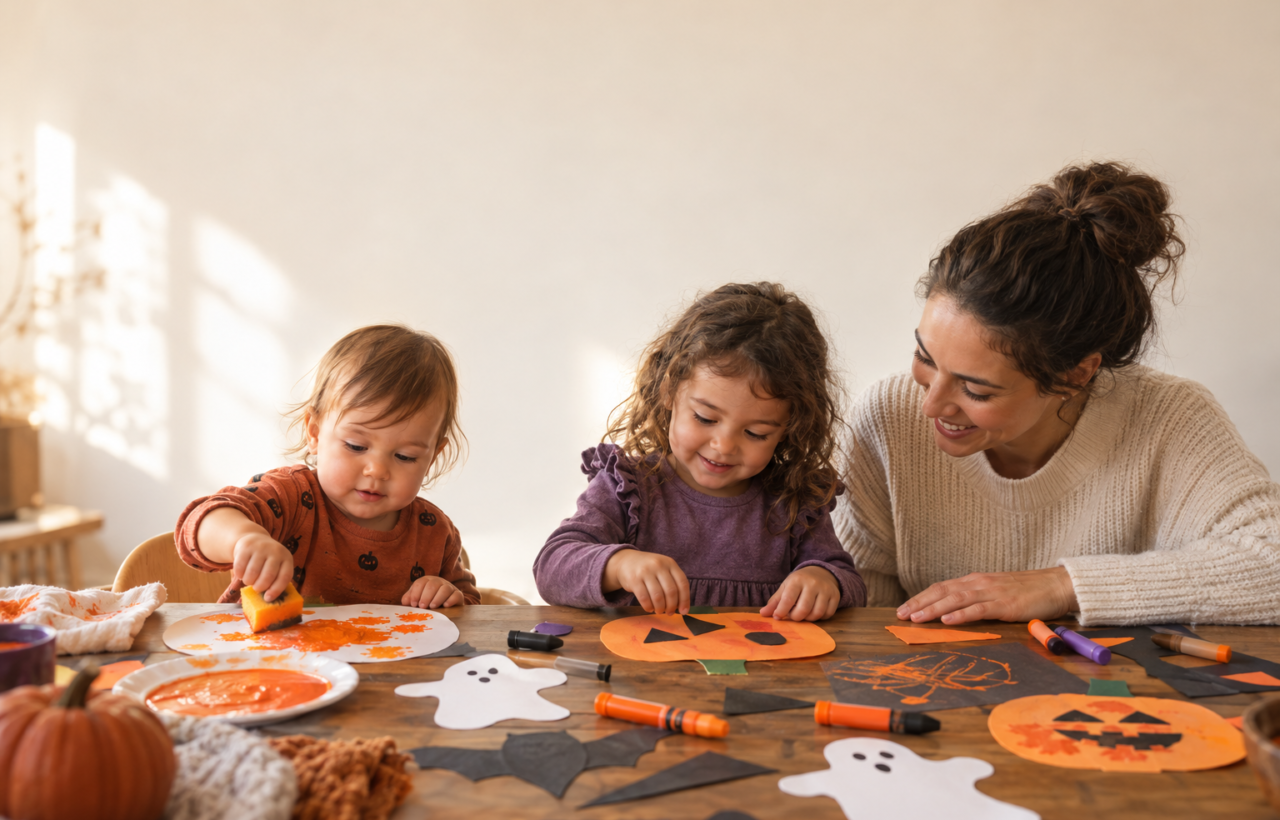 Two young children press, stick, and scribble Halloween crafts at a table while a caregiver helps them.