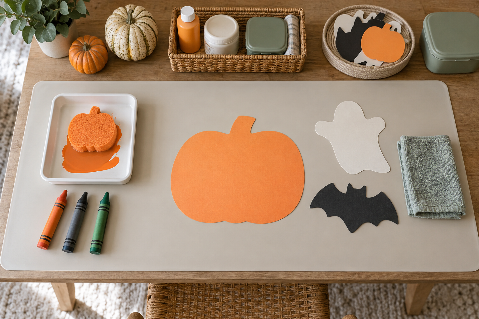 A prepared craft table with a washable mat, shallow paint tray, sponge, chunky crayons, and large pre-cut paper shapes.