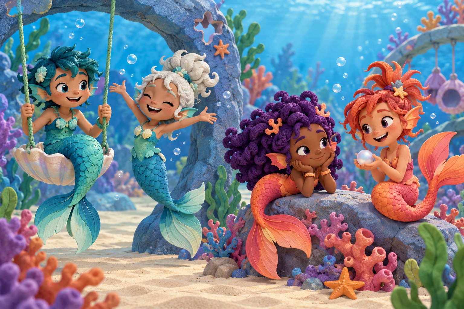 Four original mer-child characters stand in two pairs, distinguished by different hairstyles, colors, expressions, and poses.