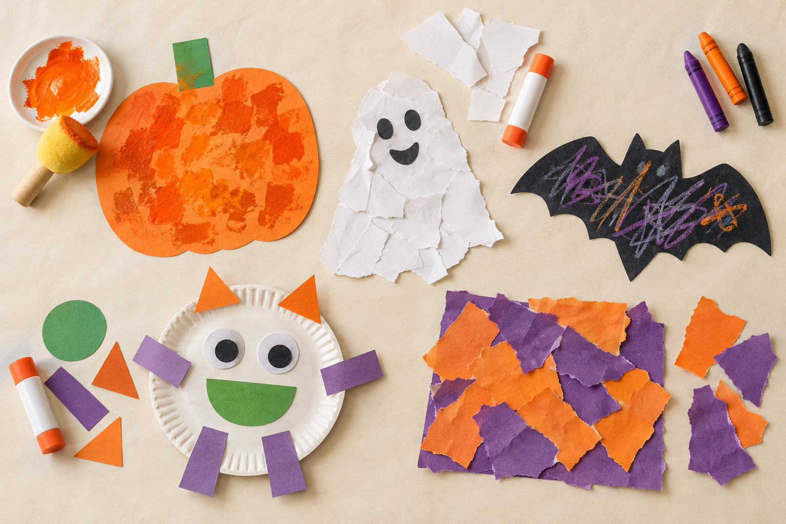 Five child-made Halloween crafts created with sponge pressing, sticking, scribbling, and torn paper.