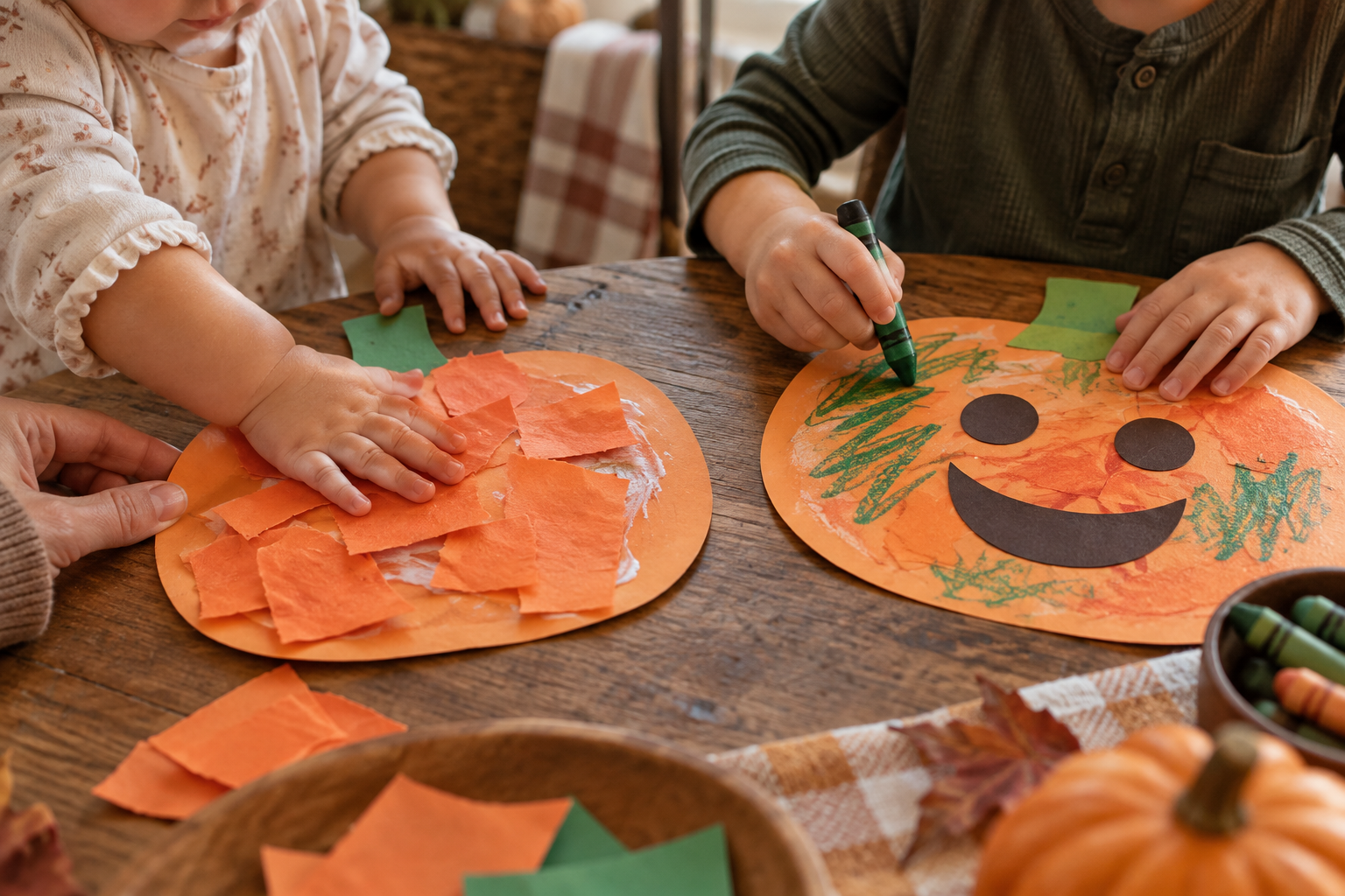 A toddler and a preschooler make simple and more detailed versions of the same paper pumpkin craft with a caregiver's help.