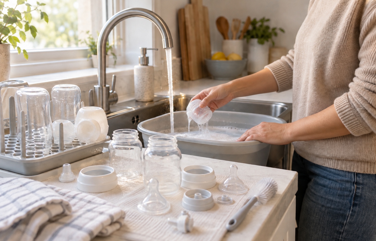 A caregiver washes disassembled baby bottle parts at an organised kitchen sink beside a bottle brush and drying rack.