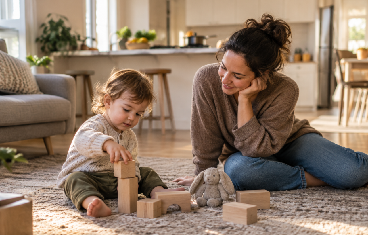 A parent sits on a living-room rug and watches attentively as a toddler plays with blocks, with a kitchen softly visible in the background.