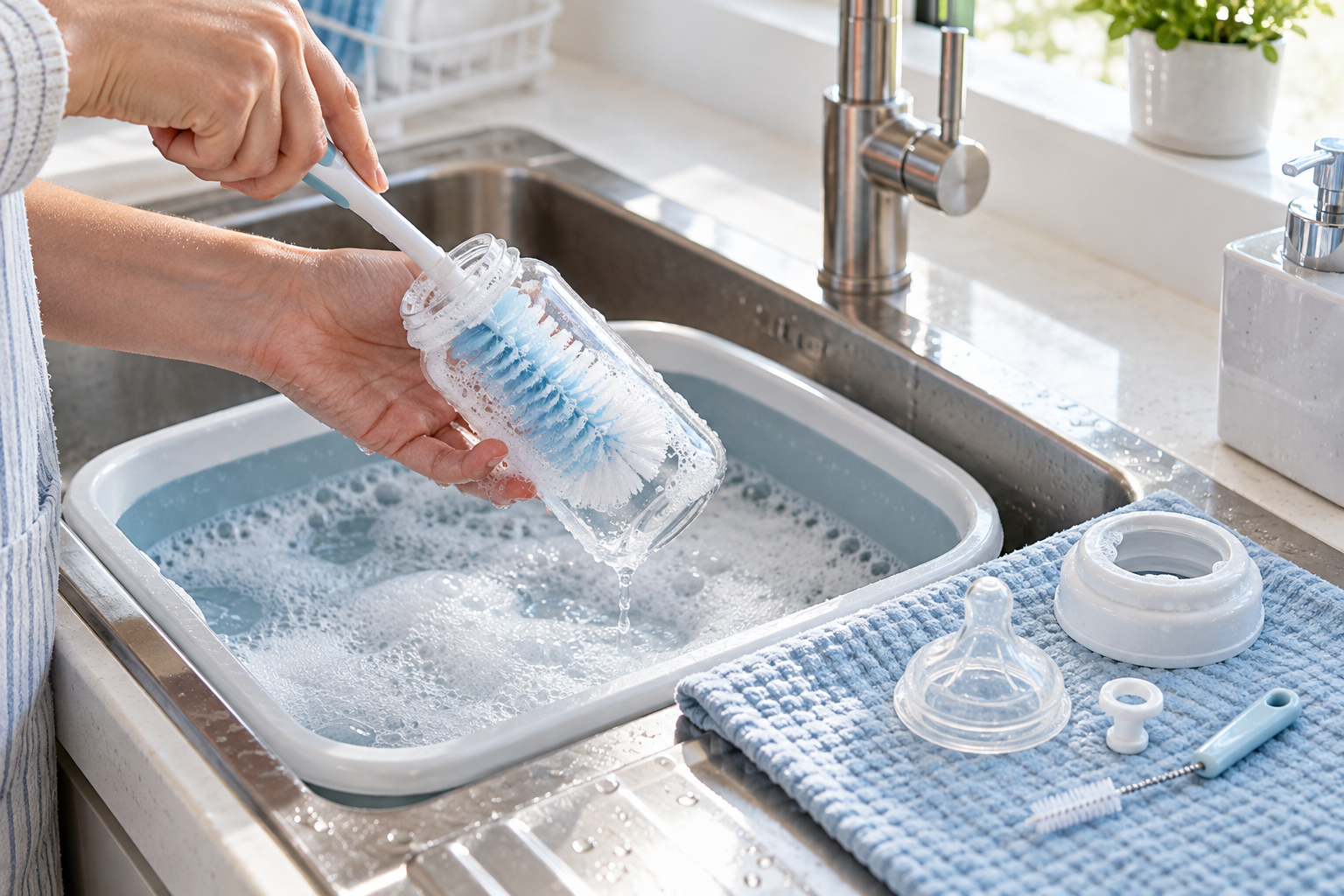 Hands clean a disassembled baby bottle with brushes while the collar, teat and valve rest separately beside a wash basin.