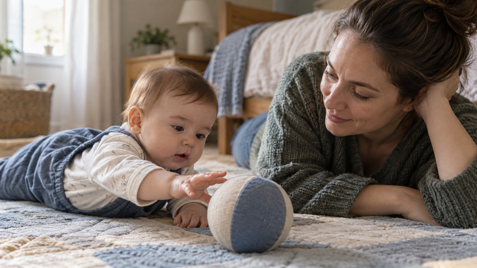 A caregiver lies beside a baby on a play mat and watches as the baby reaches for a cloth ball.
