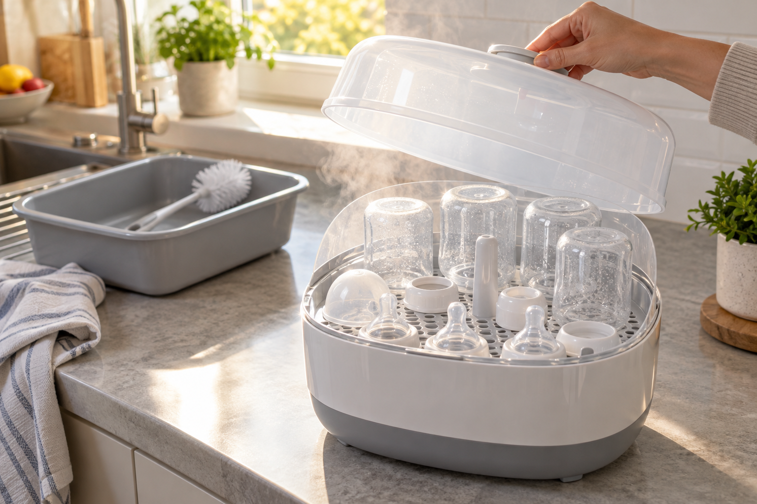 Clean disassembled baby bottle parts sit inside an open countertop steam steriliser with faint steam visible.