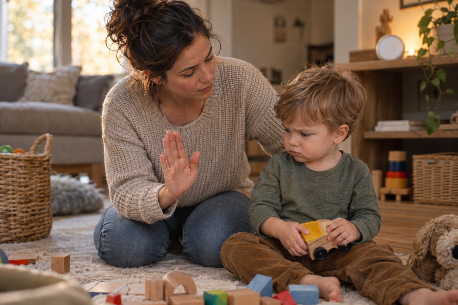 A parent kneels beside a mildly frustrated toddler during a transition away from play, staying close with a calm expression.
