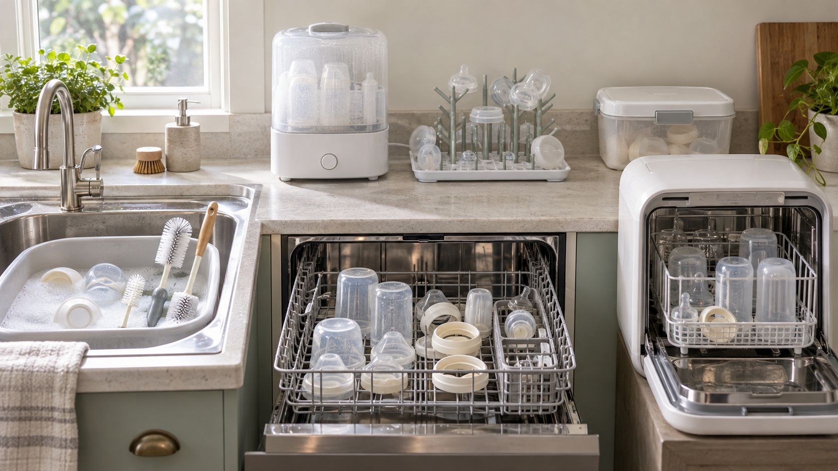 A hand-washing basin, a dishwasher rack and a countertop bottle washer are shown beside separate sterilising, drying and storage equipment.