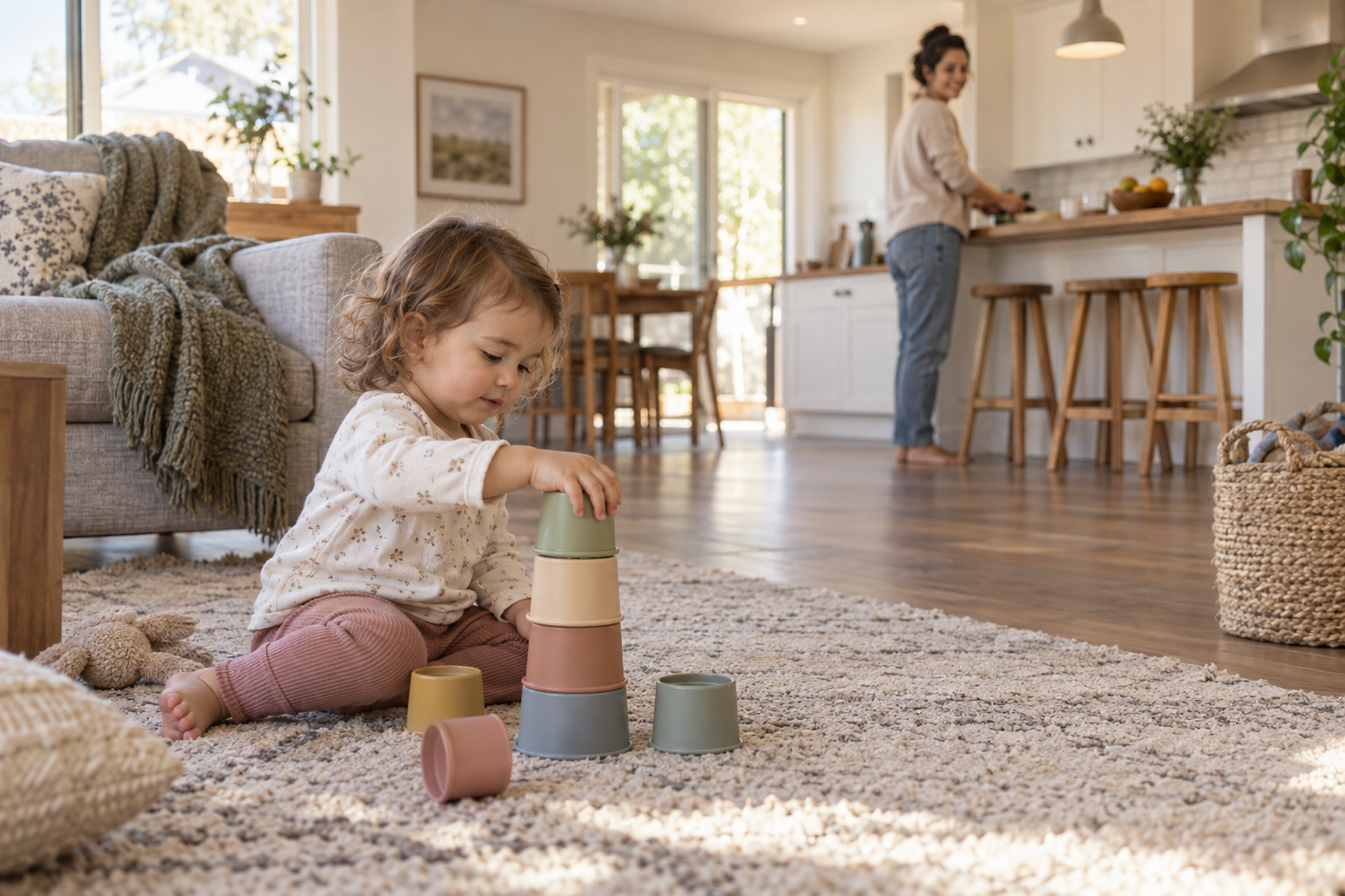 A toddler plays alone with stacking cups on a rug while a nearby caregiver looks over from the kitchen.
