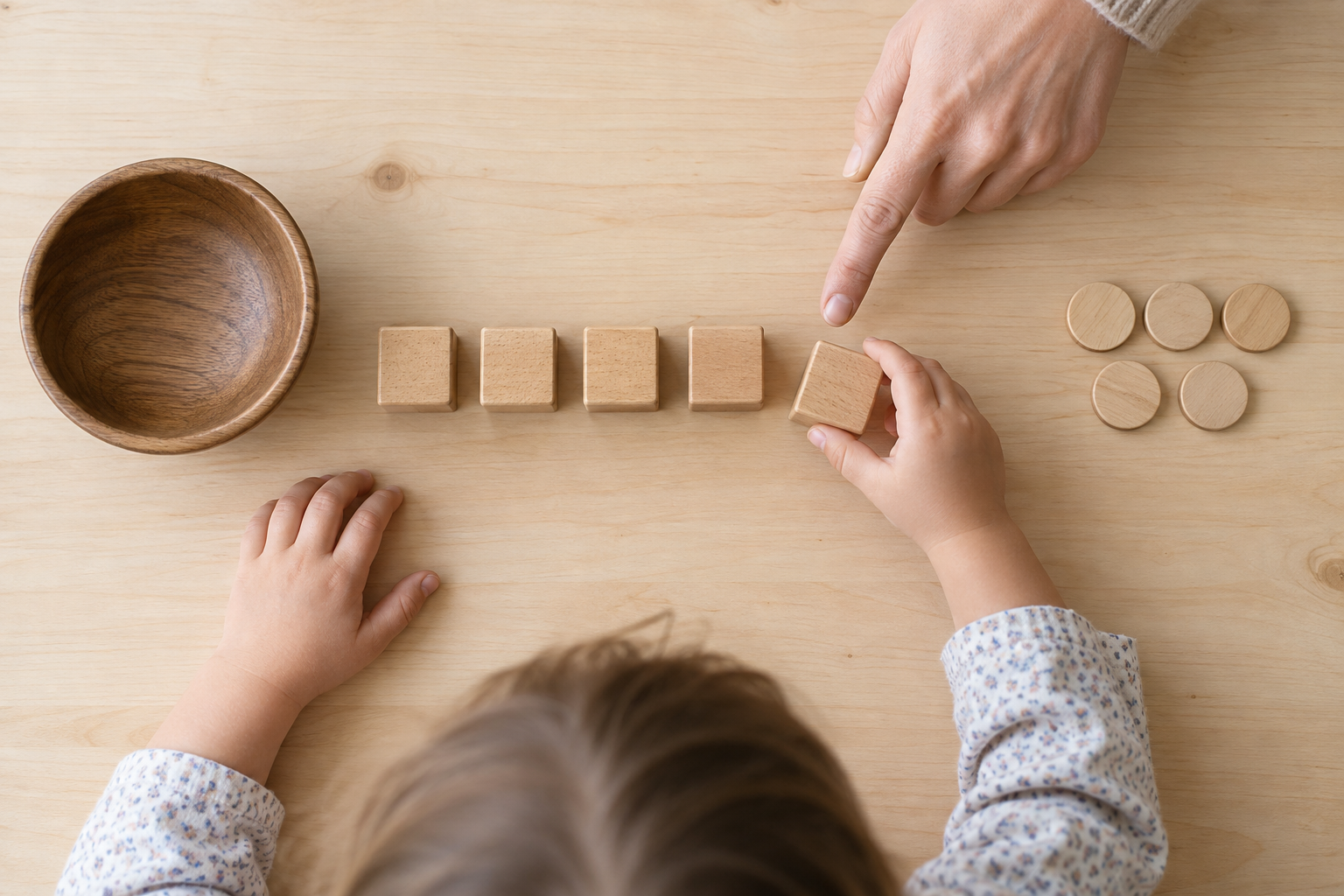 A preschooler moves wooden blocks from a bowl into a row while a caregiver points to the next object.