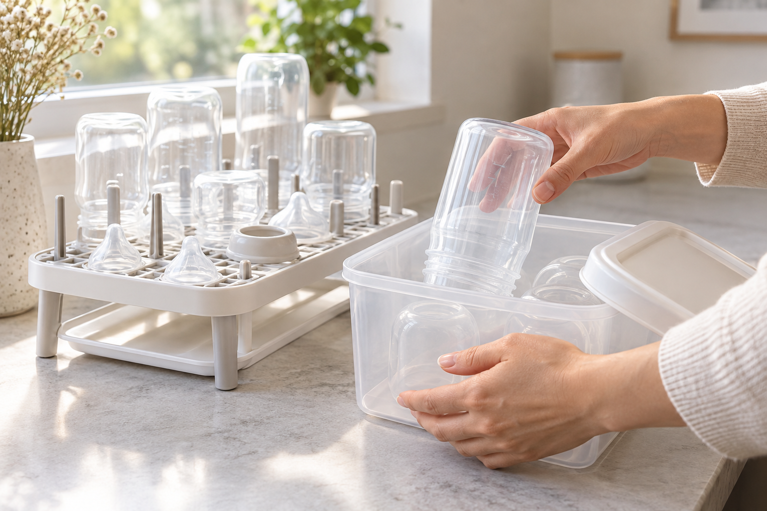 Baby bottle parts air-dry upside down on a raised rack while clean hands place a bottle into a covered container.