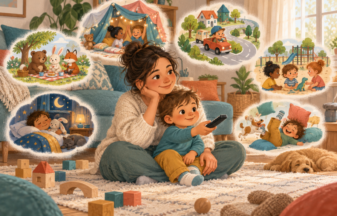 A toddler and parent sit on a living-room rug surrounded by imaginative miniature scenes of family play, friendship, vehicles, bedtime, and gentle silliness.