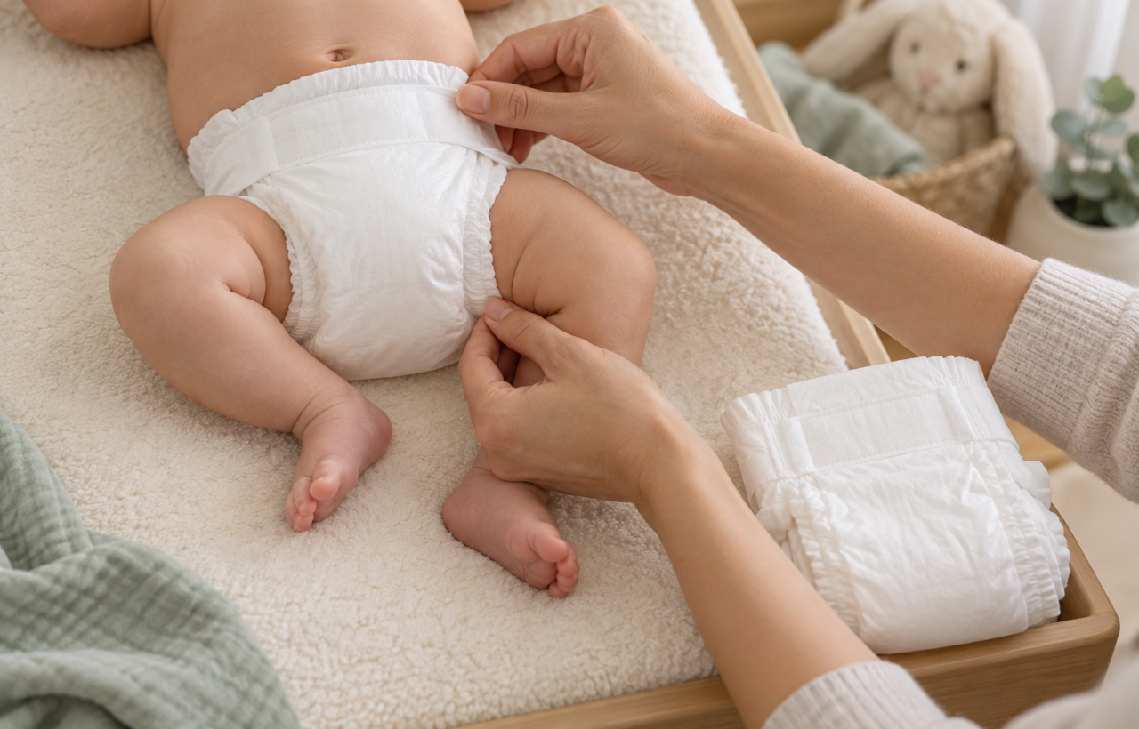 Caregiver checking the waist and thigh fit of a plain white diaper on a newborn lying on a changing mat.