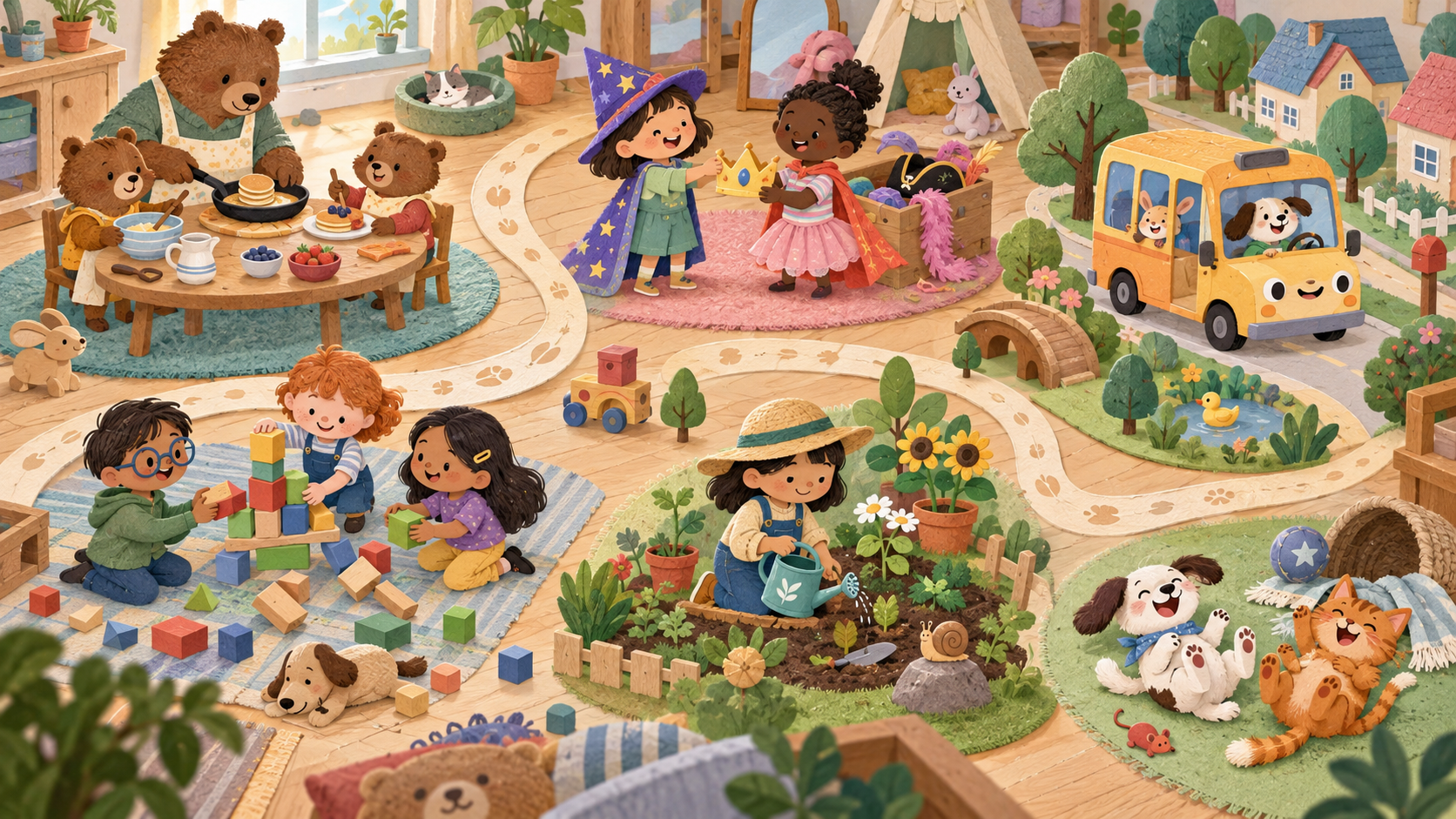 Six miniature playroom scenes depict family routines, pretend play, vehicles, cooperation, gardening, and gentle physical comedy.
