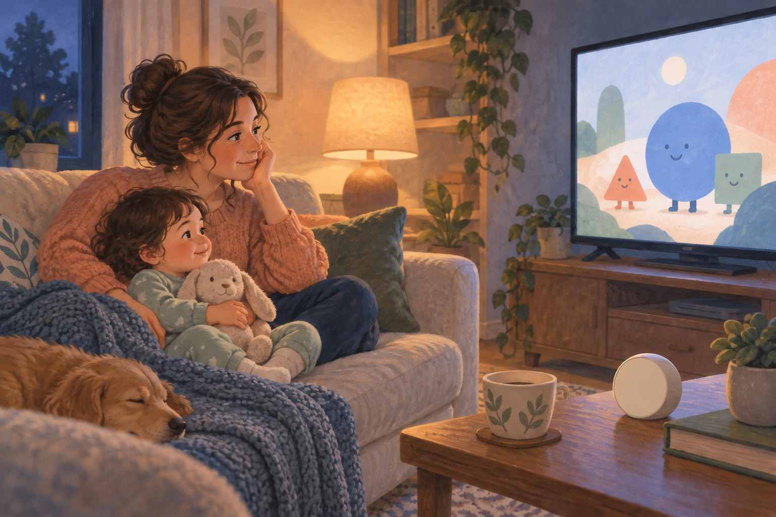 A parent observes a toddler's reaction while they watch a short, unfamiliar animated program together in a cozy living room.