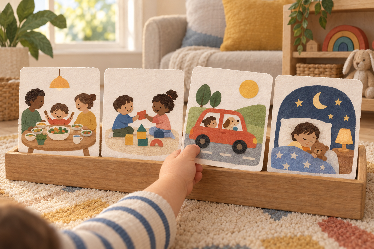 A toddler selects one of four illustrated activity cards from a low wooden tray beside neatly stored toys.