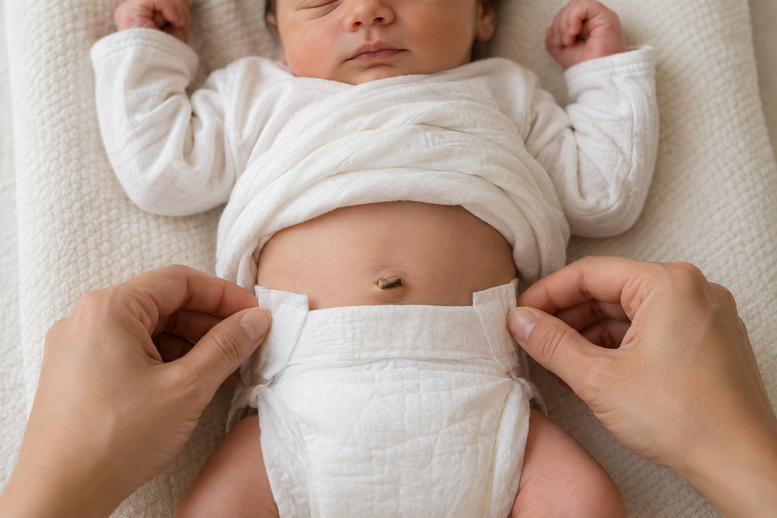 A caregiver adjusts the front of a newborn's diaper so it rests below the healing umbilical stump.