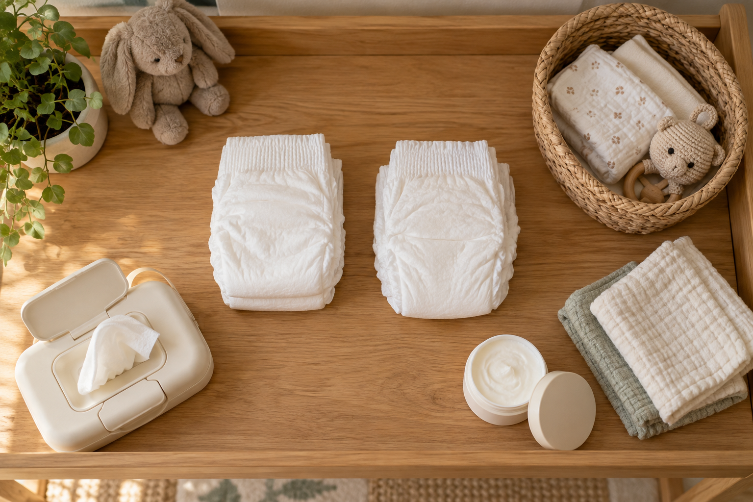 A small trial supply of plain newborn diapers and changing essentials arranged in two short stacks on a changing table.