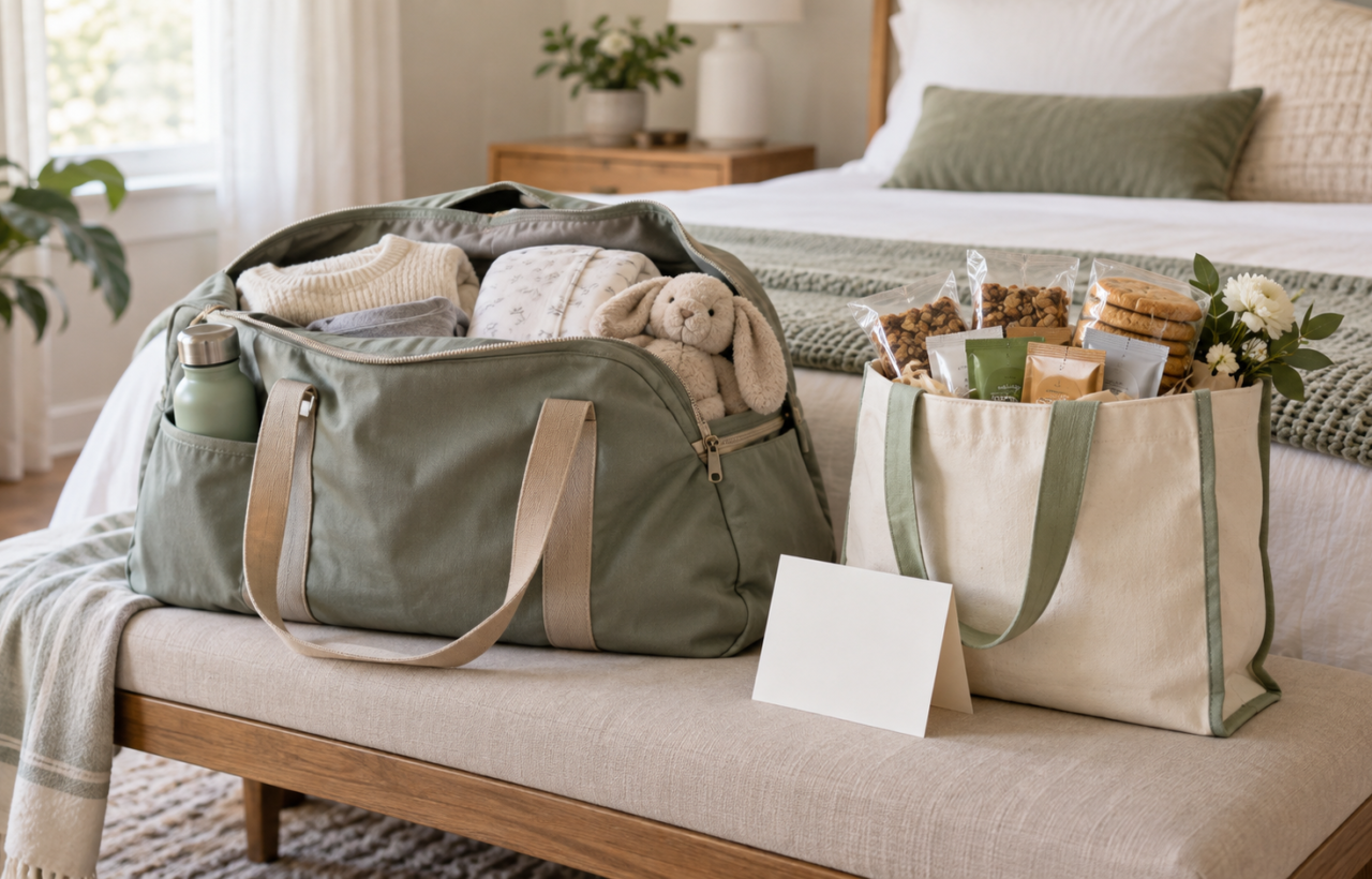 A packed hospital bag sits beside a small tote containing wrapped snacks, tea sachets, and a blank thank-you card.