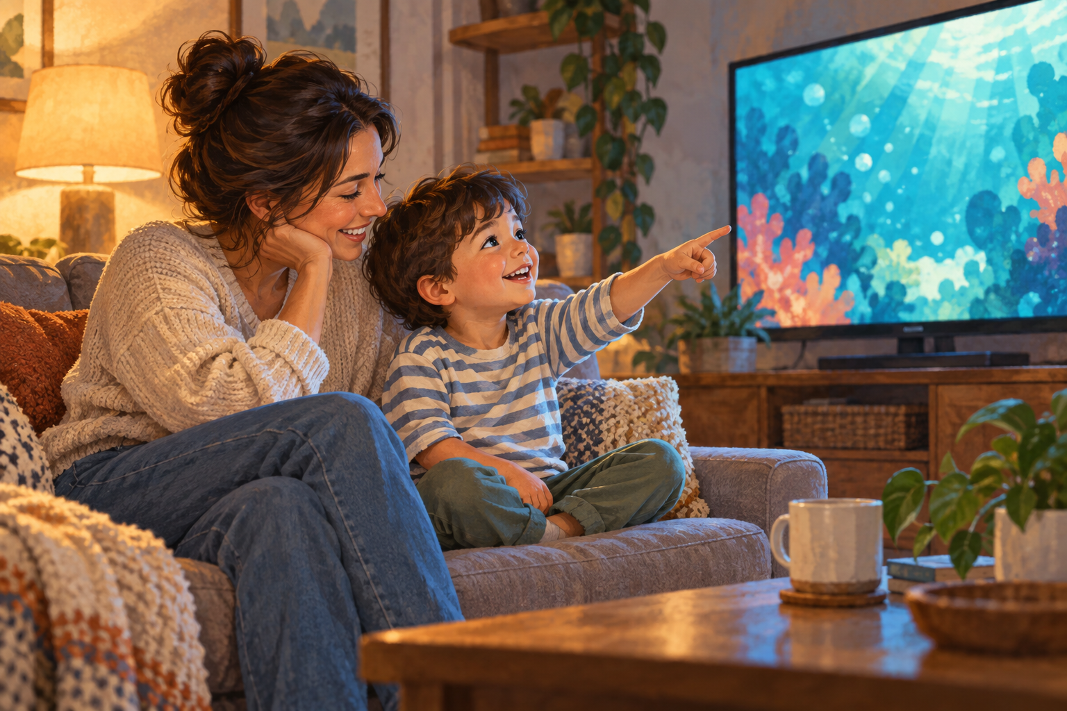 A parent listens to an excited child as they point toward abstract underwater imagery on a television.