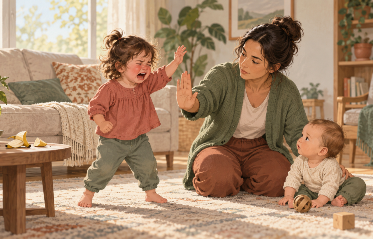 A caregiver calmly blocks a crying toddler from swatting a younger child in a softly lit living room, with a broken banana on a nearby table.